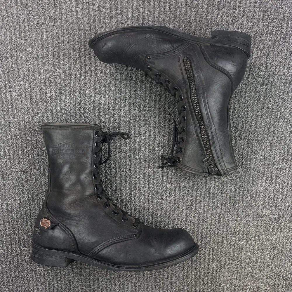 Harley Davidson 98417 Mens 12 Black Leather Side Zip Lace Up Motorcycle Boots